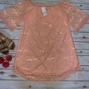Off the Shoulder Lace Shift Mini Dress Peach Color
